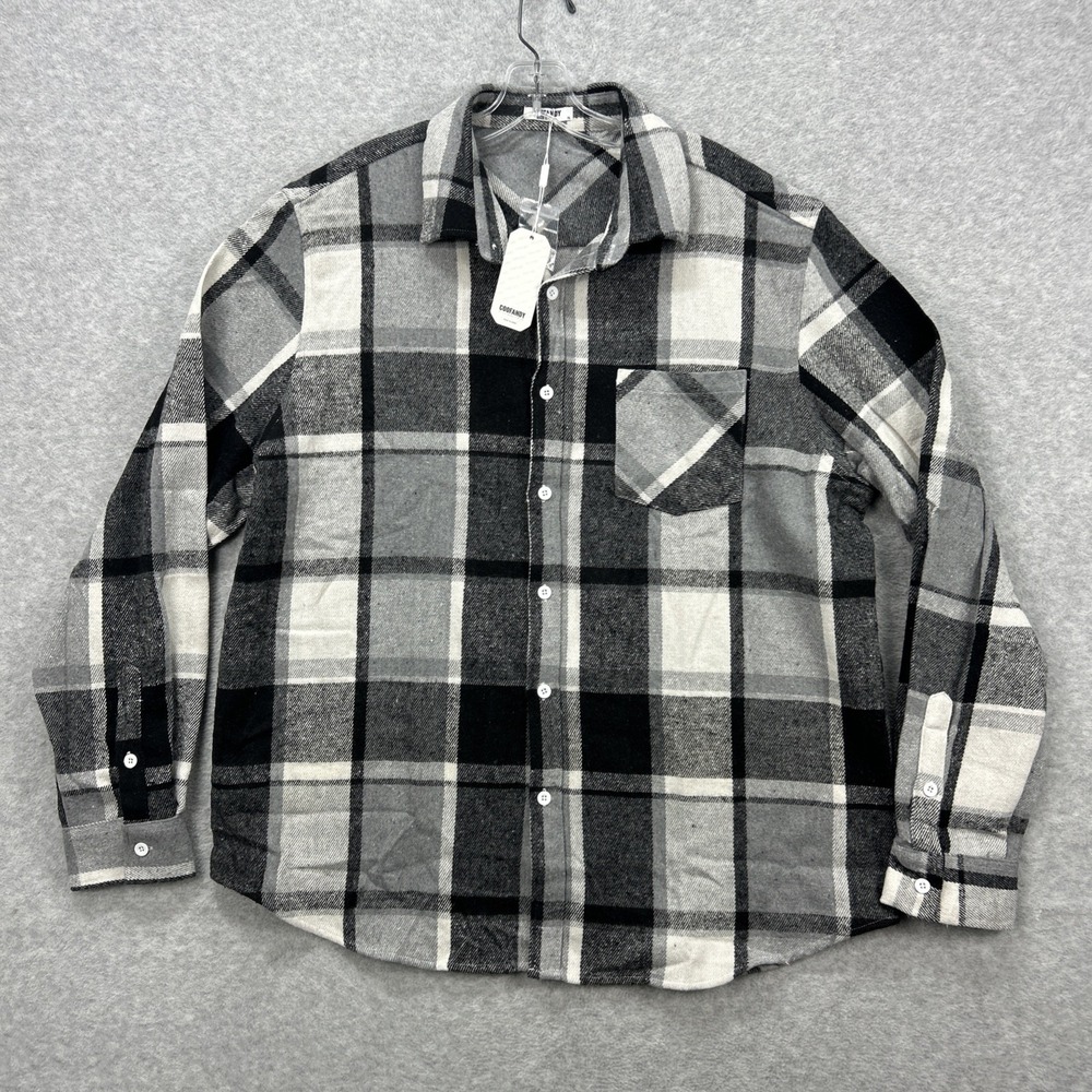 Coofandy Shirt Mens XL Black White‎ Plaid Flannel Chamois Shacket Lumberjack NEW